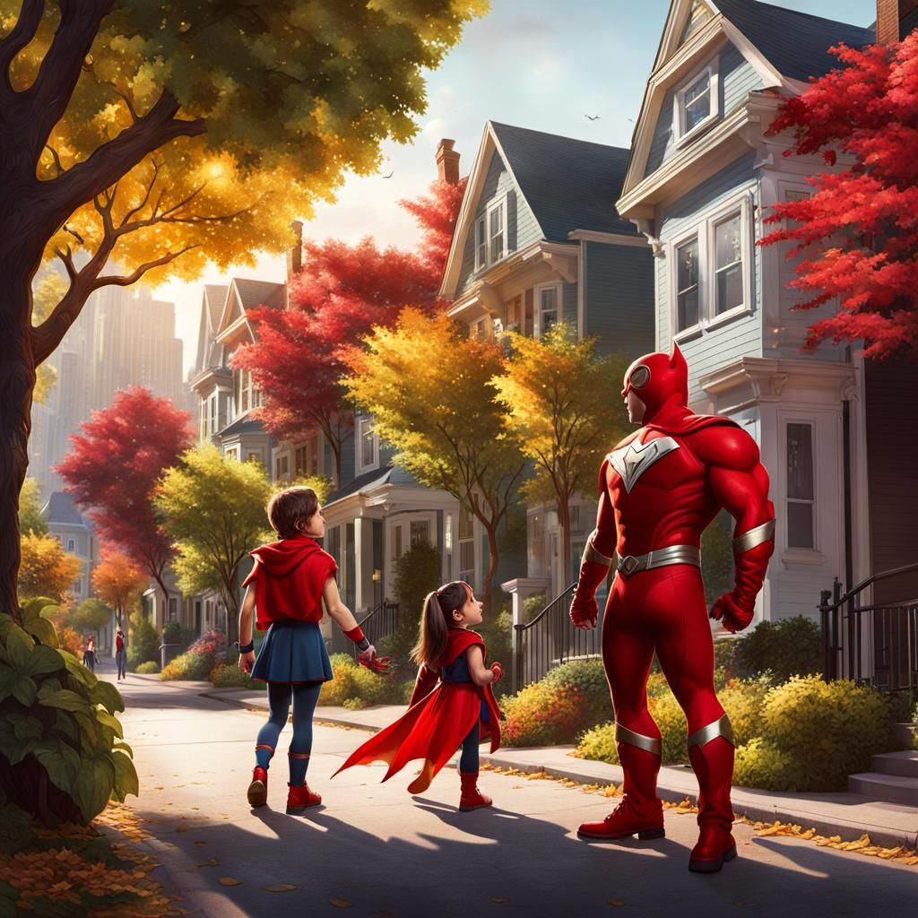 Superhero Protecting Girl From Monster in Matte Painting
