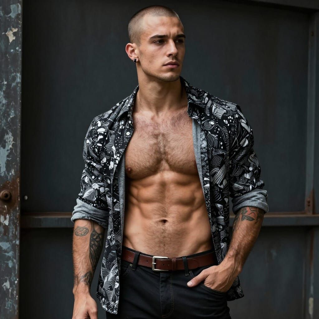 Muscular Man in Urban Industrial Setting with Patterned Shir...