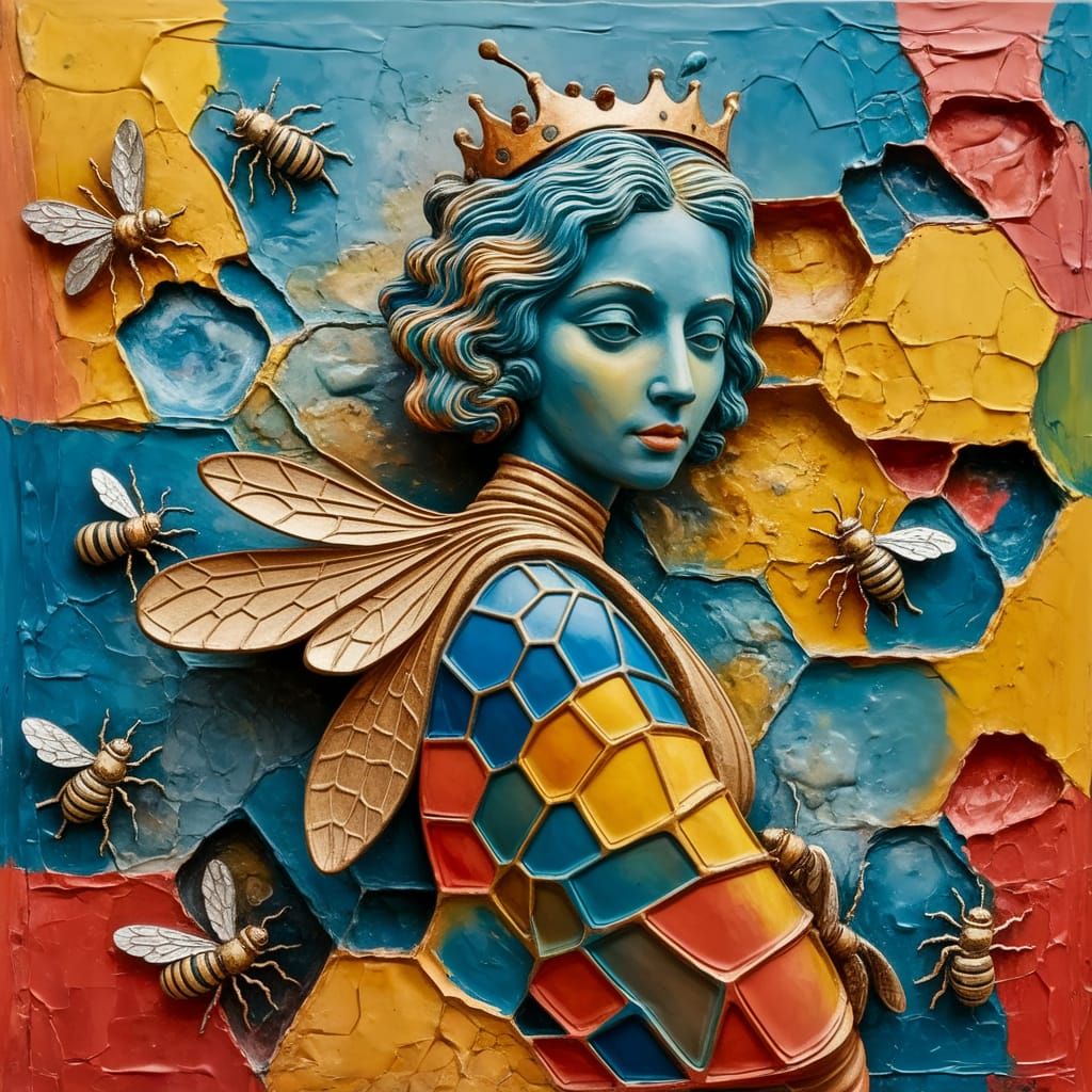 Hand-painted plaster background, vibrant embossed relief of a Queen bee in a hive of bees with   elaborate style  geomet...