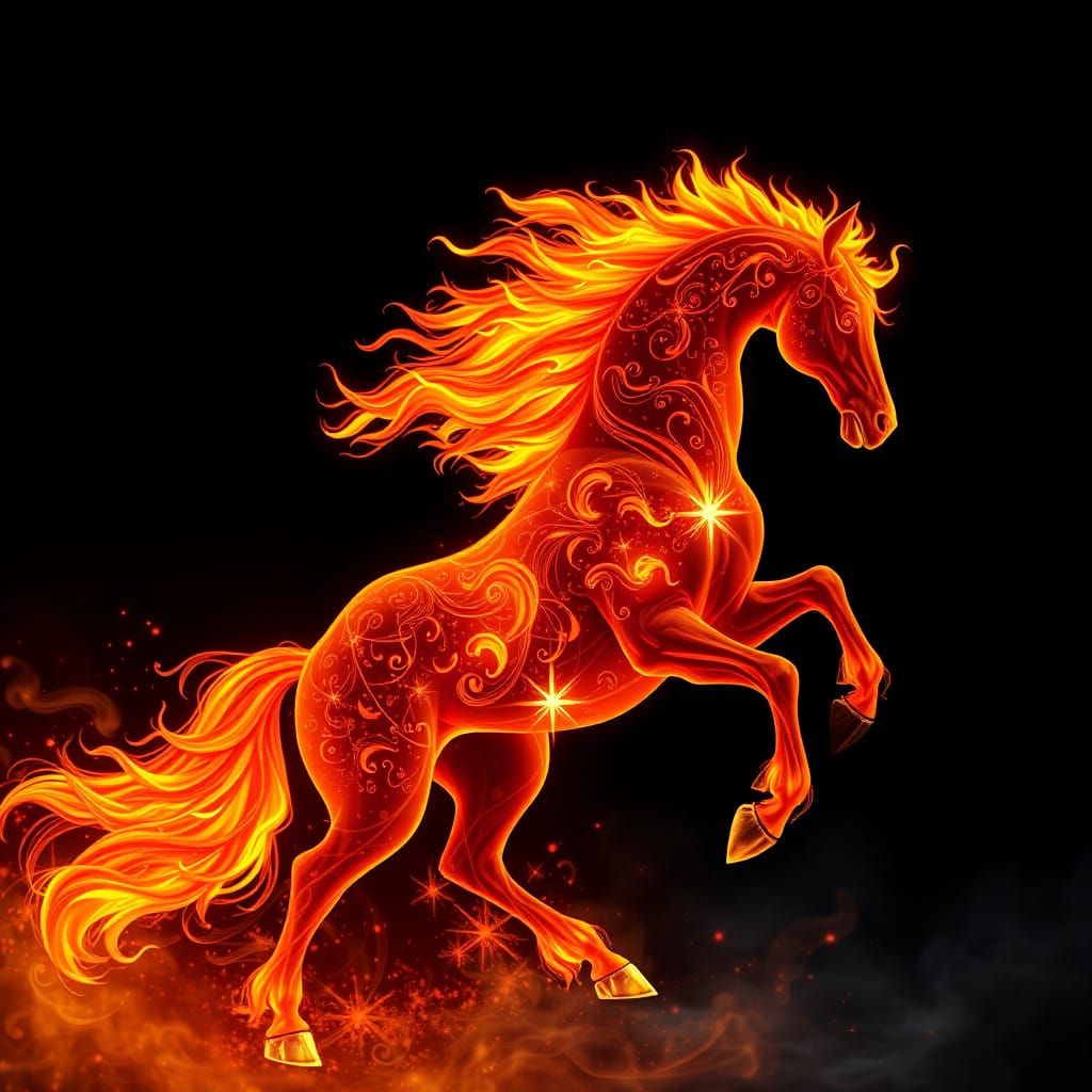 Majestic Fire Horse in Ancient Forest Landscape