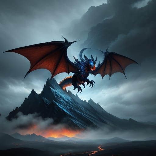 Epic Fantasy Fire Dragon Soars Through Stormy Sky