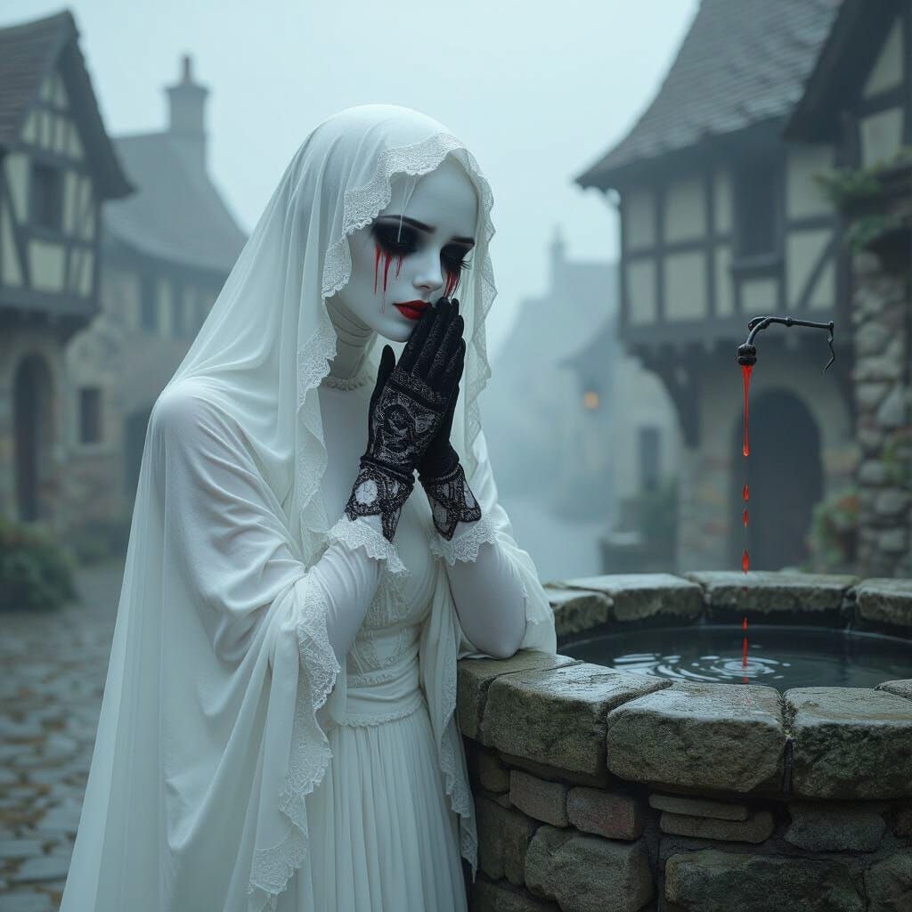 Melting Woman Cries in Misty Medieval Town