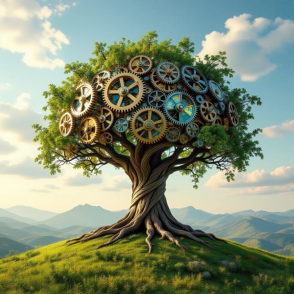 Mechanical Tree with Stained Glass Leaves