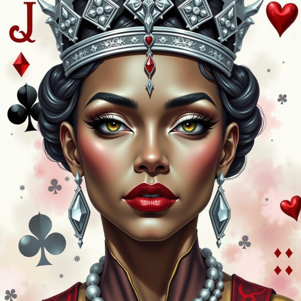 Regal Black Woman as Queen of Hearts in Ornate Style
