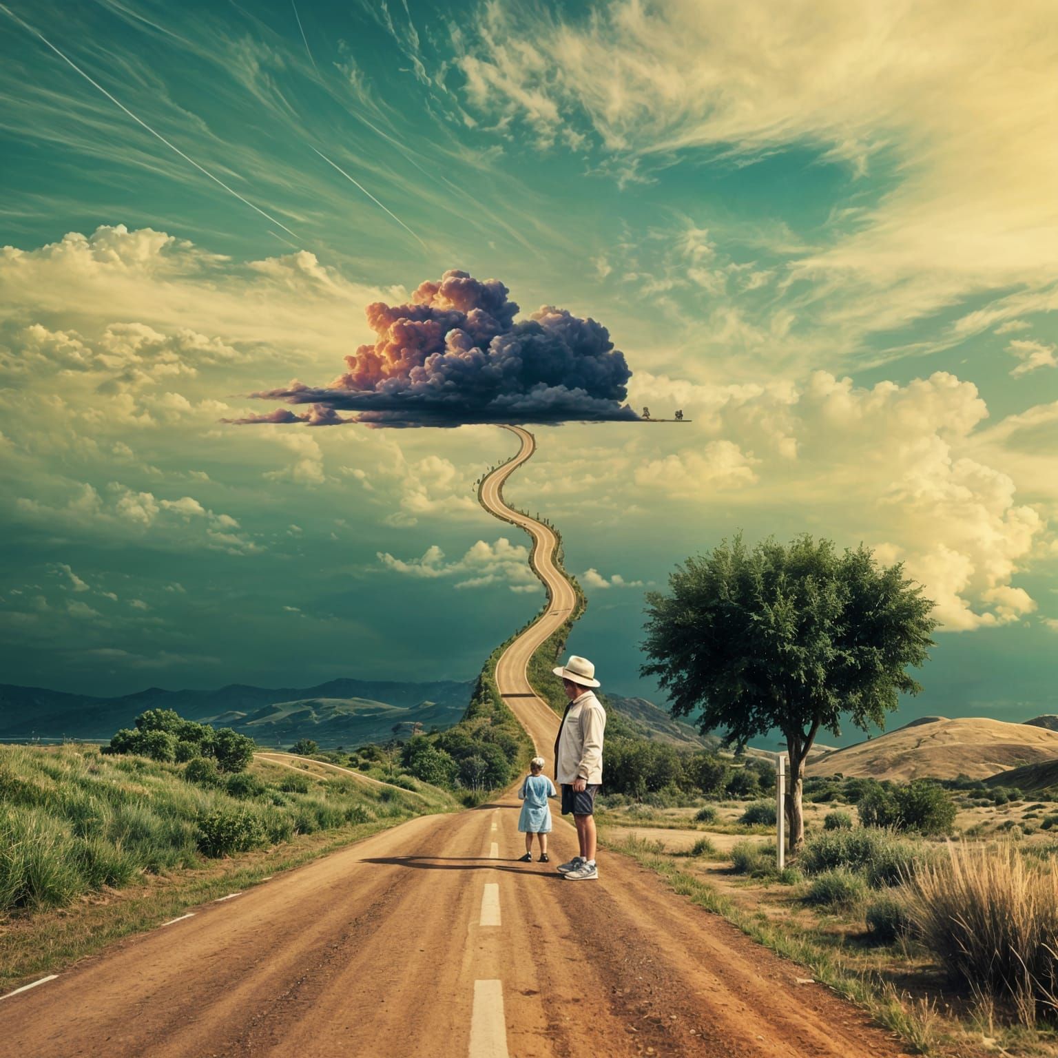 Surreal Tiny Traveller on a Lonely Road Under Big Windy Sky
