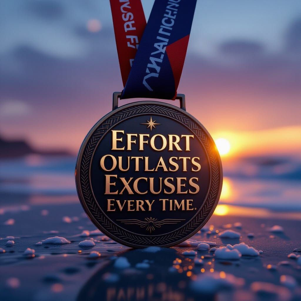 Marathon Medal at Dawn with Motivational Text