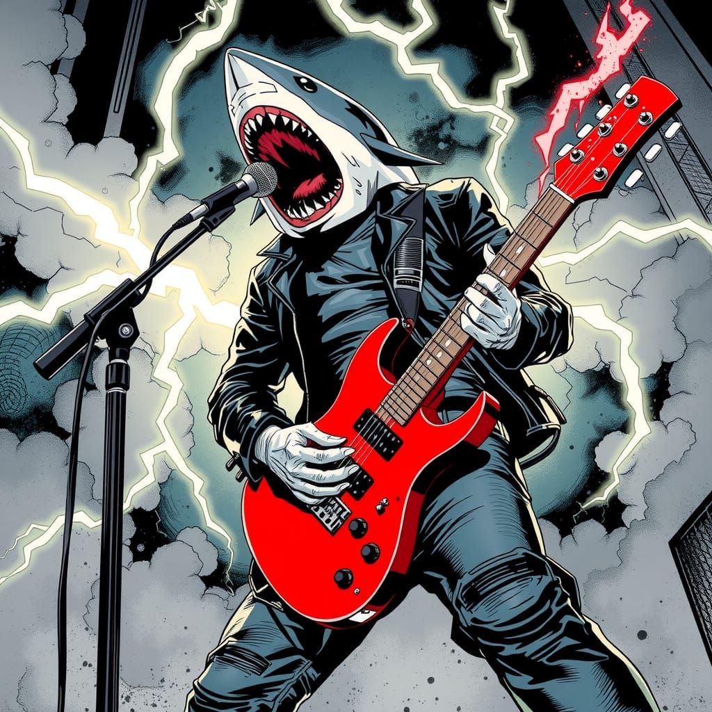 King Shark Shreds Guitar in Comic Book Style