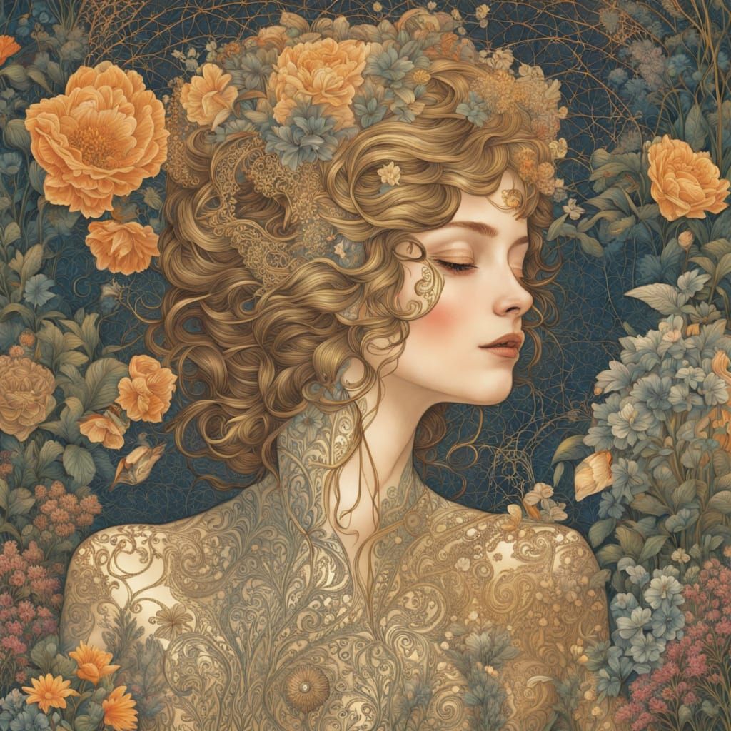 Filigree Woman Kisses Surreal Garden: Concept Art