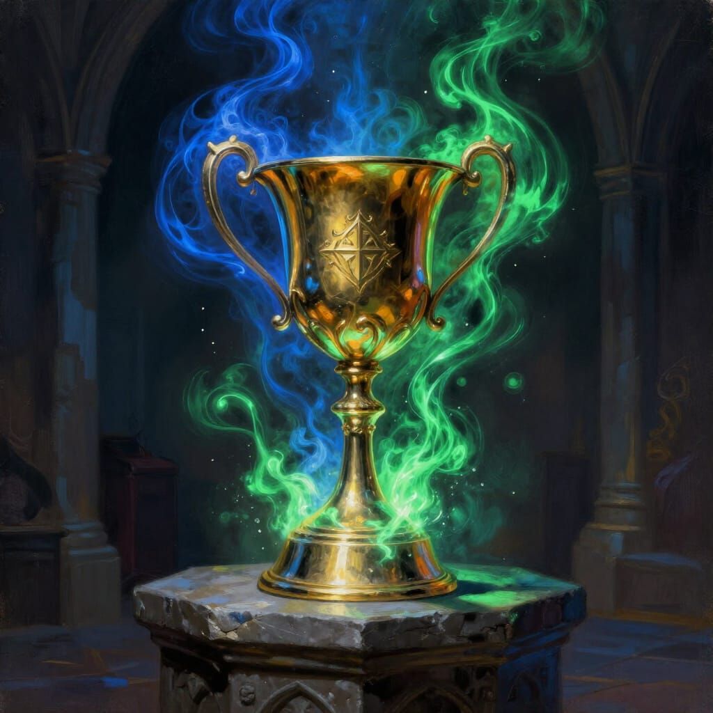 Triwizard Cup Trophy Illuminated by Magical Light Beams