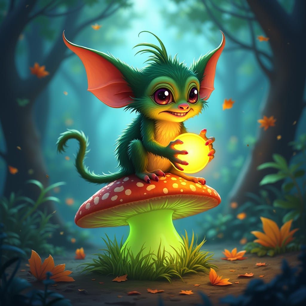 Mischievous Gremlin in Bioluminescent Forest