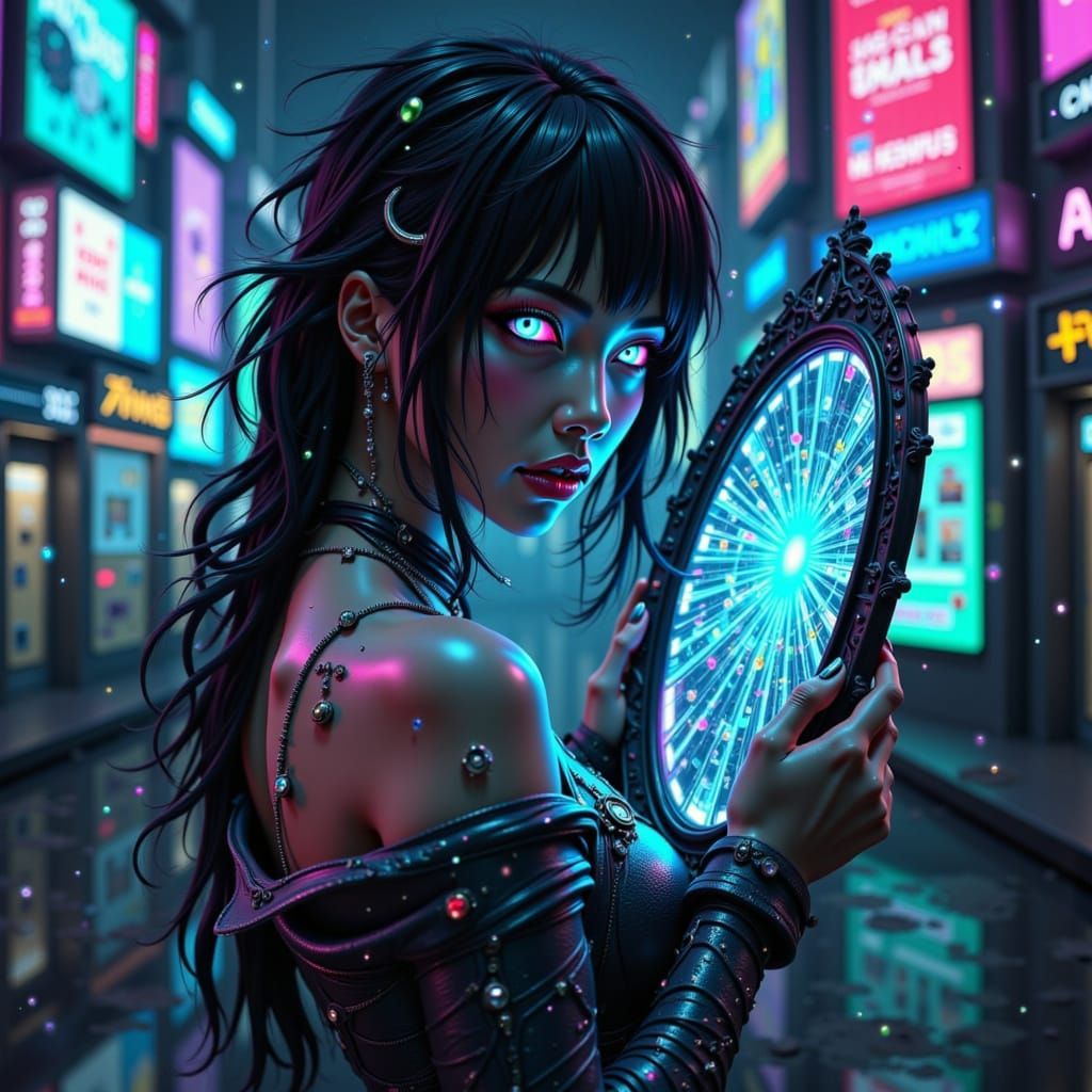 Cyberpunk Girl with Shattered Mirror in Dystopian Setting