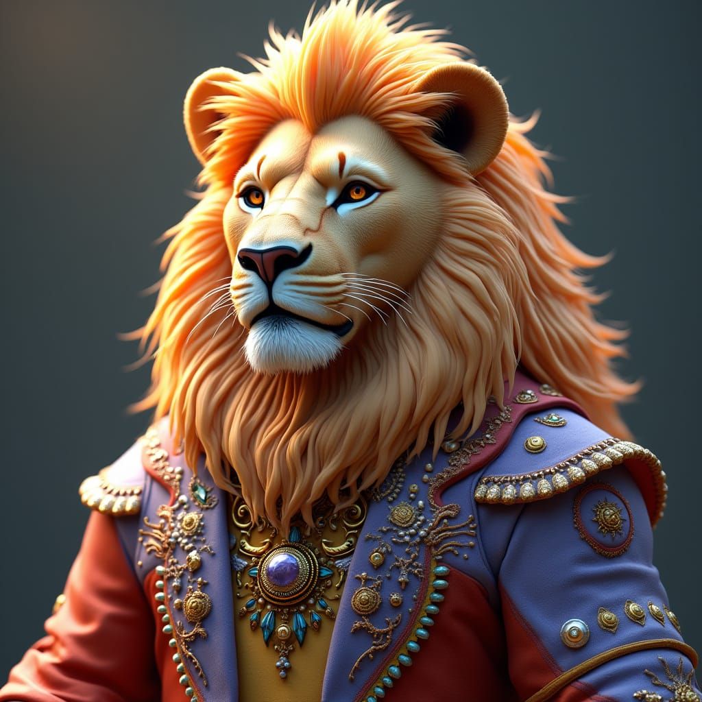 Lion in Colorful Clothing: Hyperrealistic 3D Anime Art
