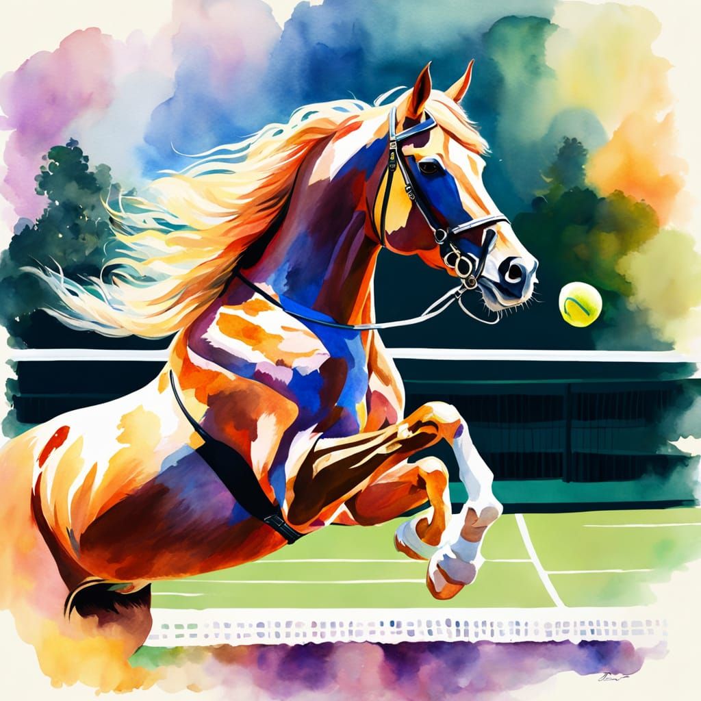 Horse Plays Tennis at Wimbledon: Watercolor Art