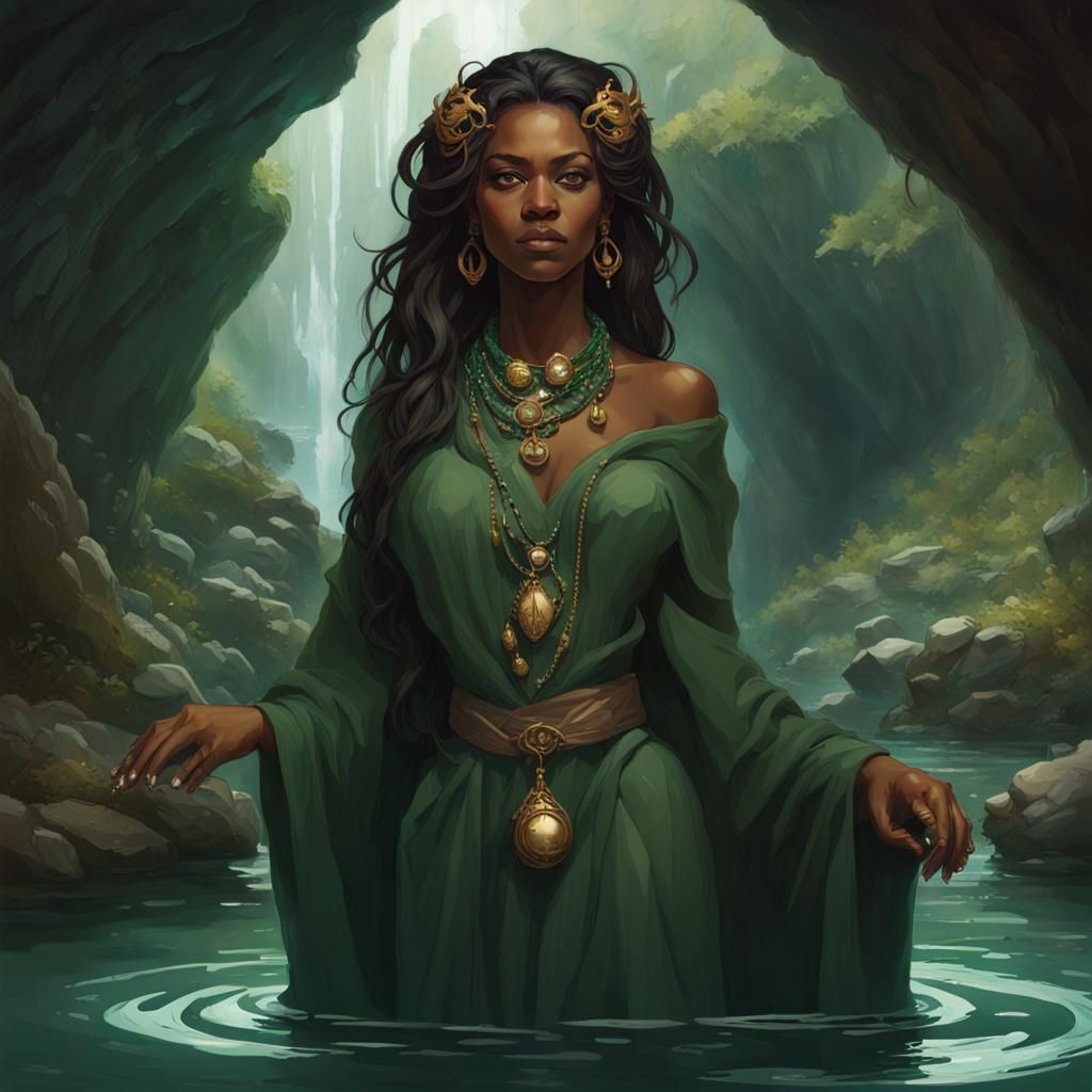 Dark-Skinned Woman in Green Robe, Detailed Portrait