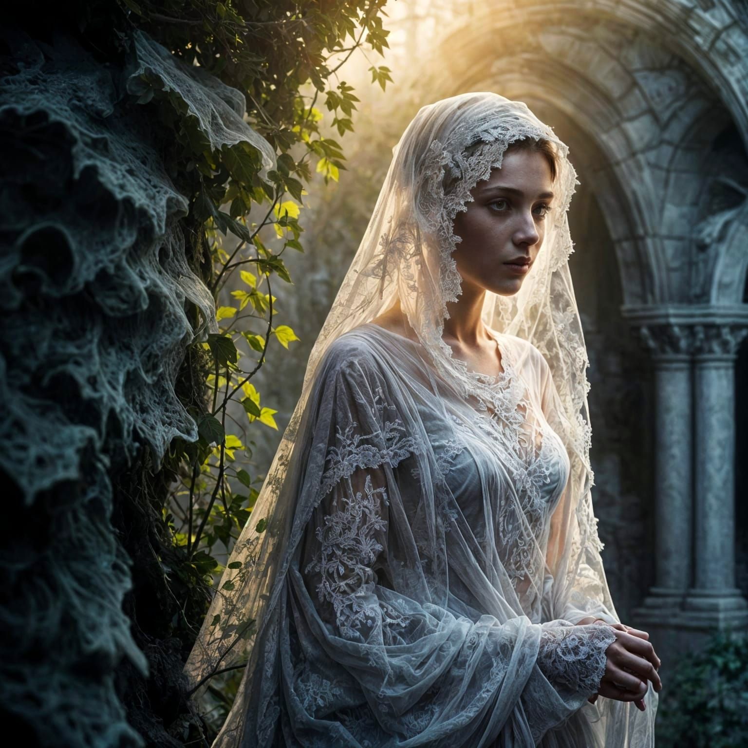 Ethereal Ghost Lady on Derelict Castle Battlements