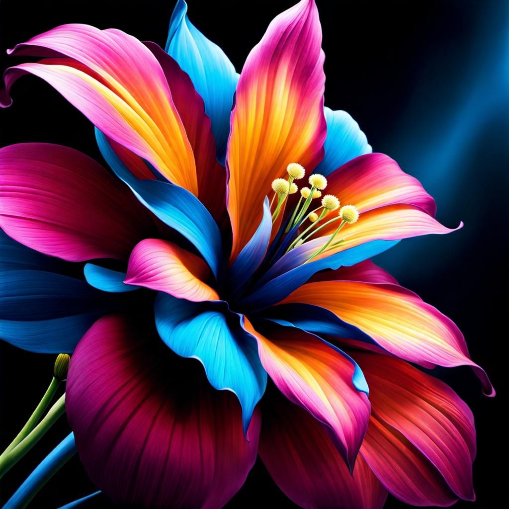 Vibrant Flower Close-Up on Black: Digital Airbrush Art