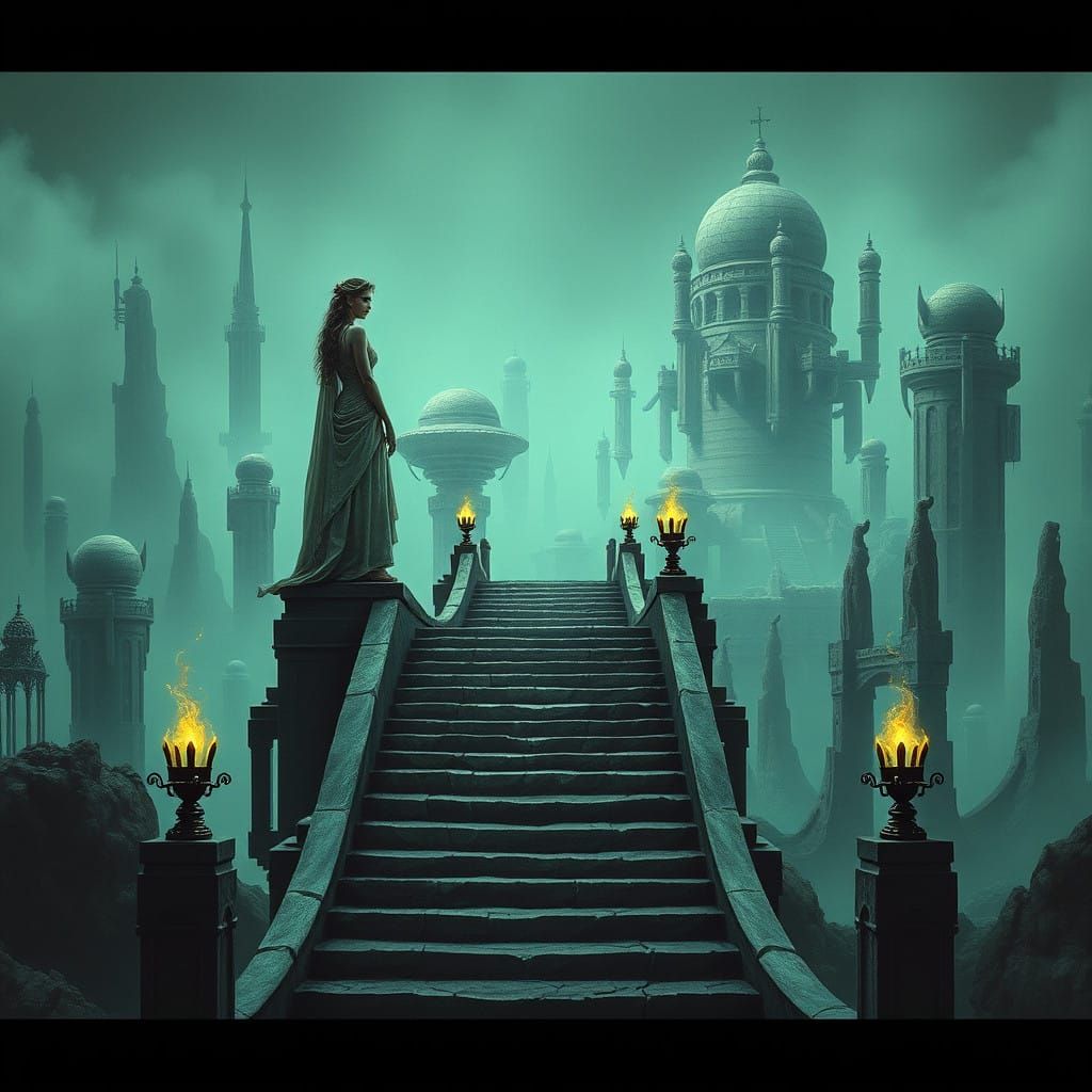 Ethereal Queen of R'lyeh, Amidst Cthulhu City's Twisted Spir...