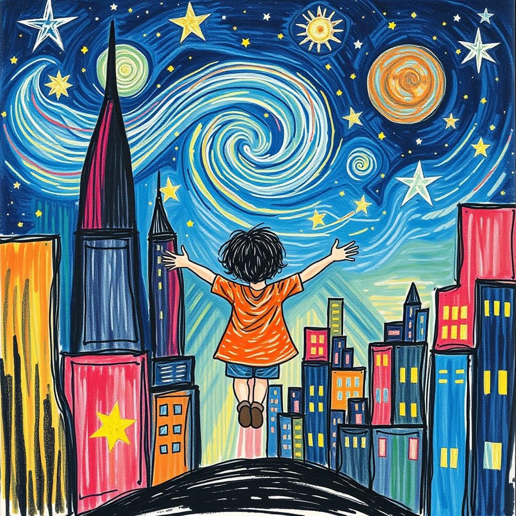 Whimsical Cosmic Metropolis in Vibrant, Childlike Brushstrok...