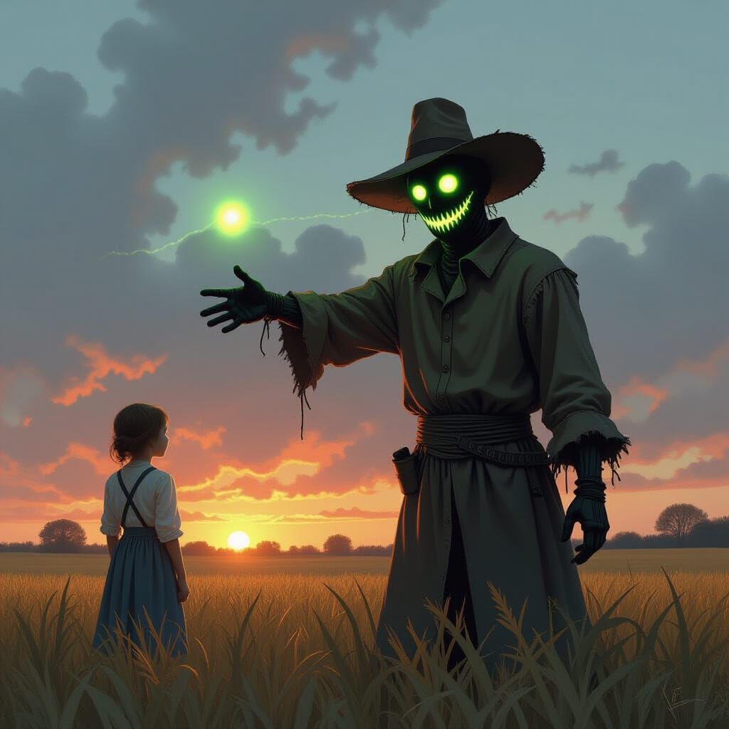 Scarecrow with Glowing Eyes and Farmer in Horror Style