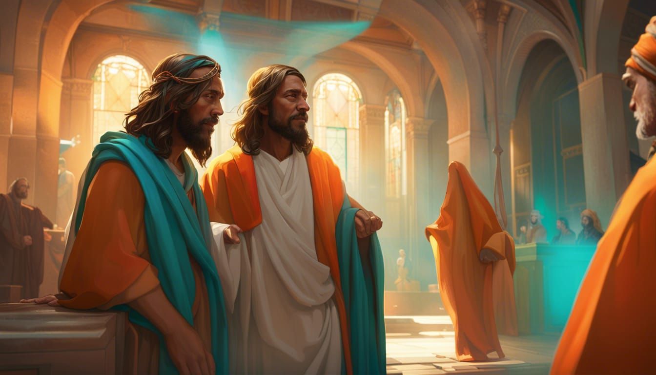 Jesus and Pharisee in Hyperdetailed Art Nouveau Style