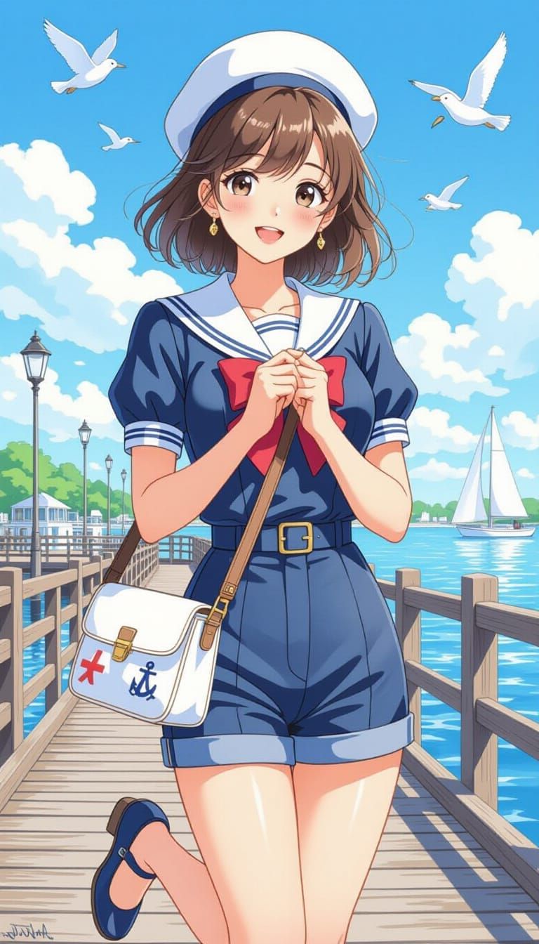 Japanese Woman in Sailor Outfit, Colored Pencil Sketch