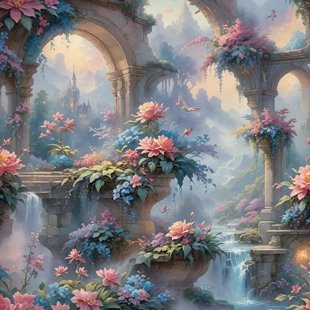 Spa Mural with Arabesques in Pastel Colors