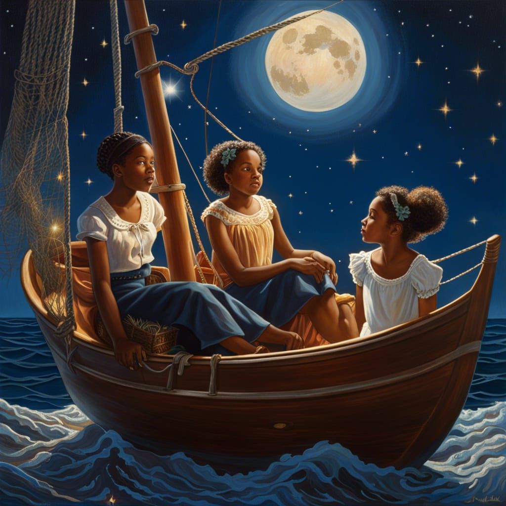 Dreamlike Starry Seascape Painting of Girls Fishing