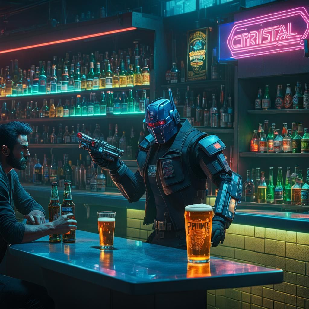 Optimus Prime Serves Cerveza Cristal in Cyberpunk Style