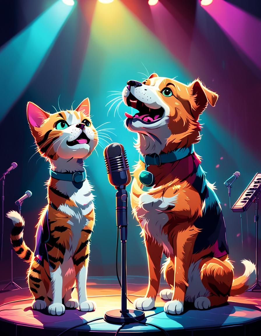 Cartoon Cat and Dog Duet in Neon Fantasy Art