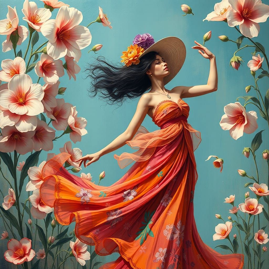 Whimsical Woman Dancing in Surrealist Garden