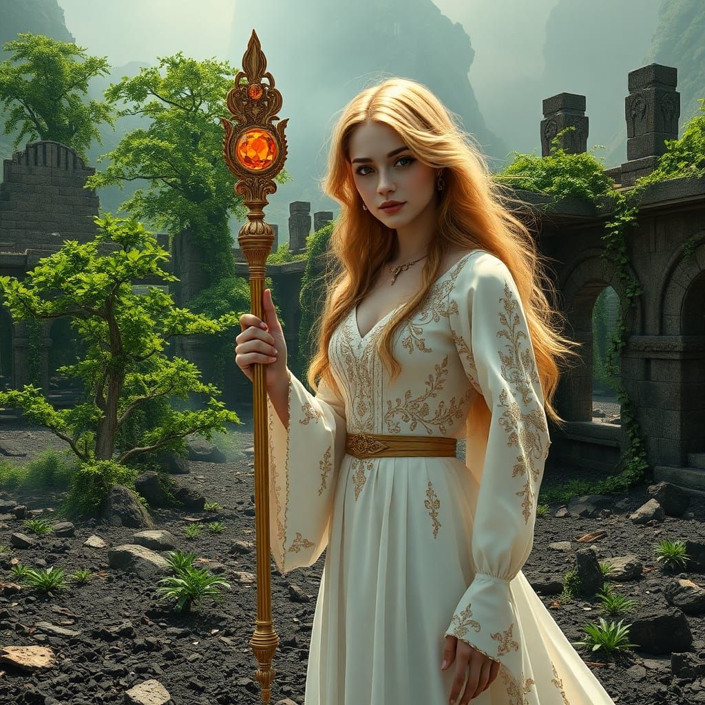 Oasis Creation: Woman with Scepter Transforms Landscape