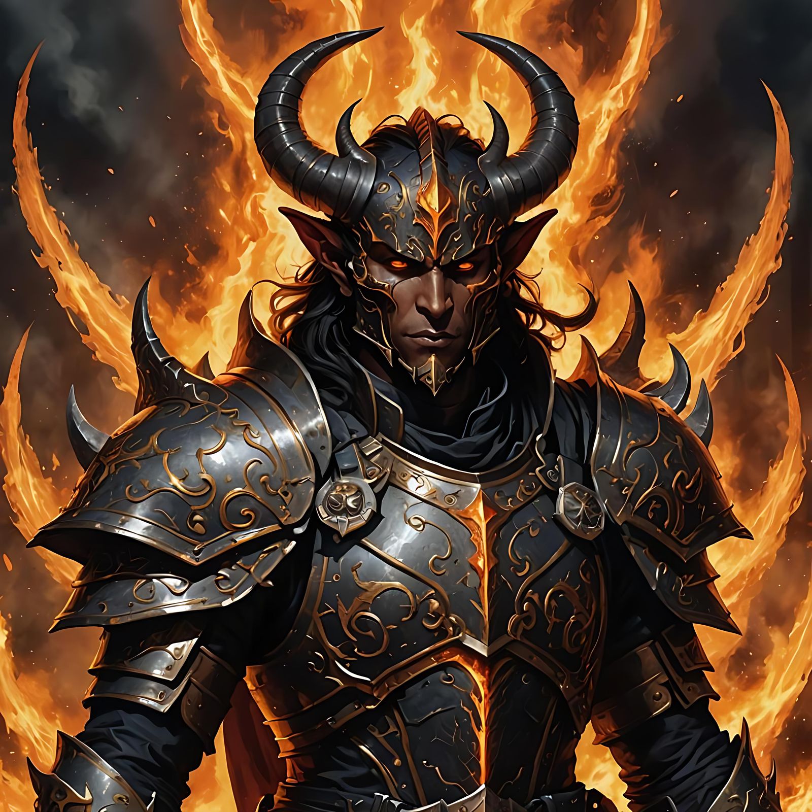 Tiefling Dark Paladin of Tyr with Fiery Halo