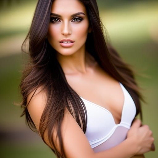 Beautiful young woman, straight dark hair, voluptuous, deep tan, full lips, high cheekbones, European,  posing,, low cut...