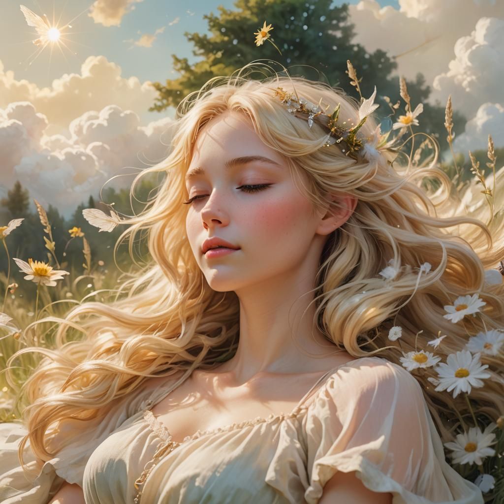 Ethereal Fairy Sleeps on Cloud in Meadow