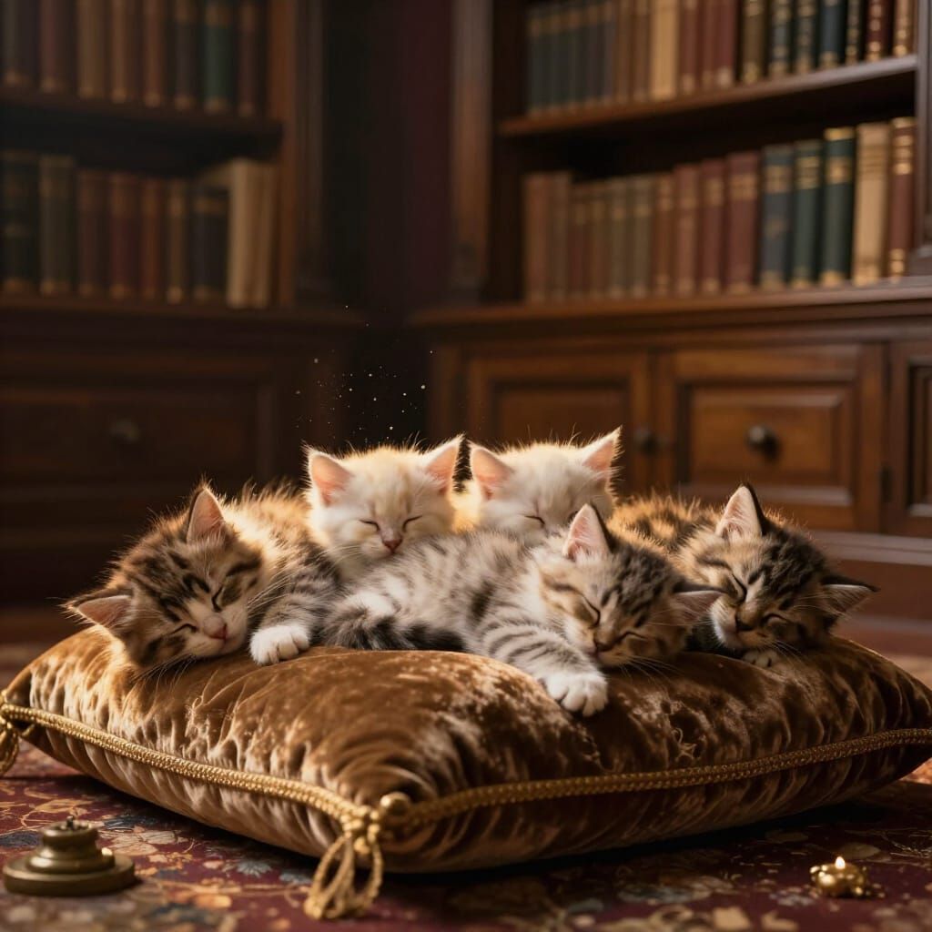 Fluffy Kittens Sleeping in Opulent Library with Cinematic Li...