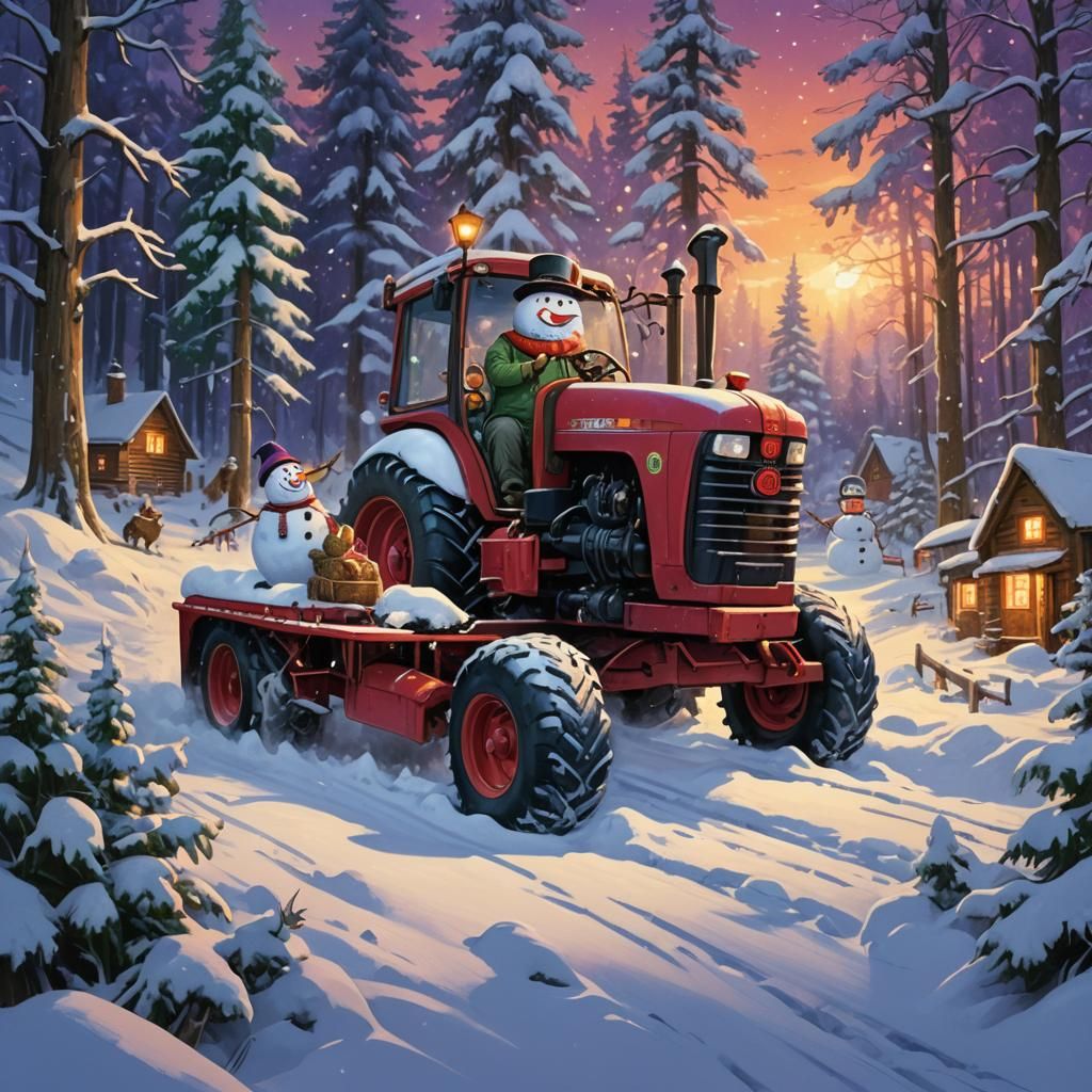 Snowman Drives Tractor Through Snowy Forest