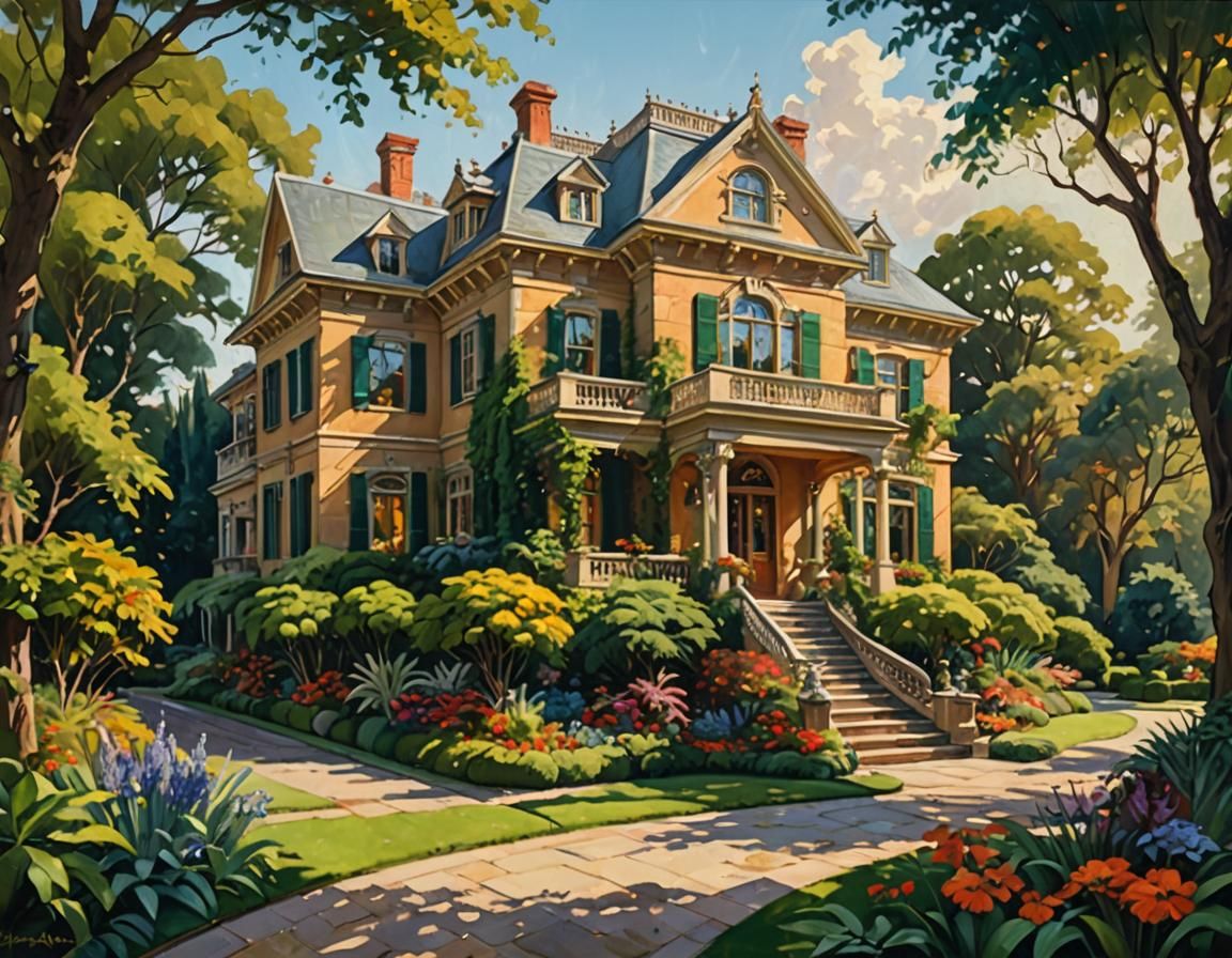 Luxurious Mansion in Lush Garden, Impressionist Oil Painting