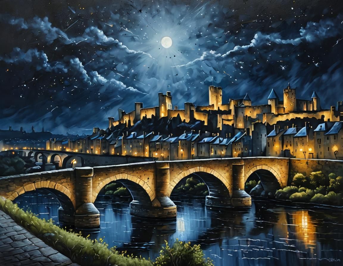 Carcassonne at Night: Rustic Acrylic Painting