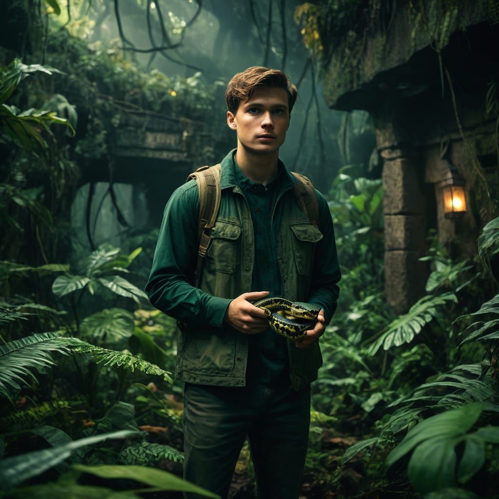 Ethereal Jungle Masterpiece with Snake and Warm Golden Light