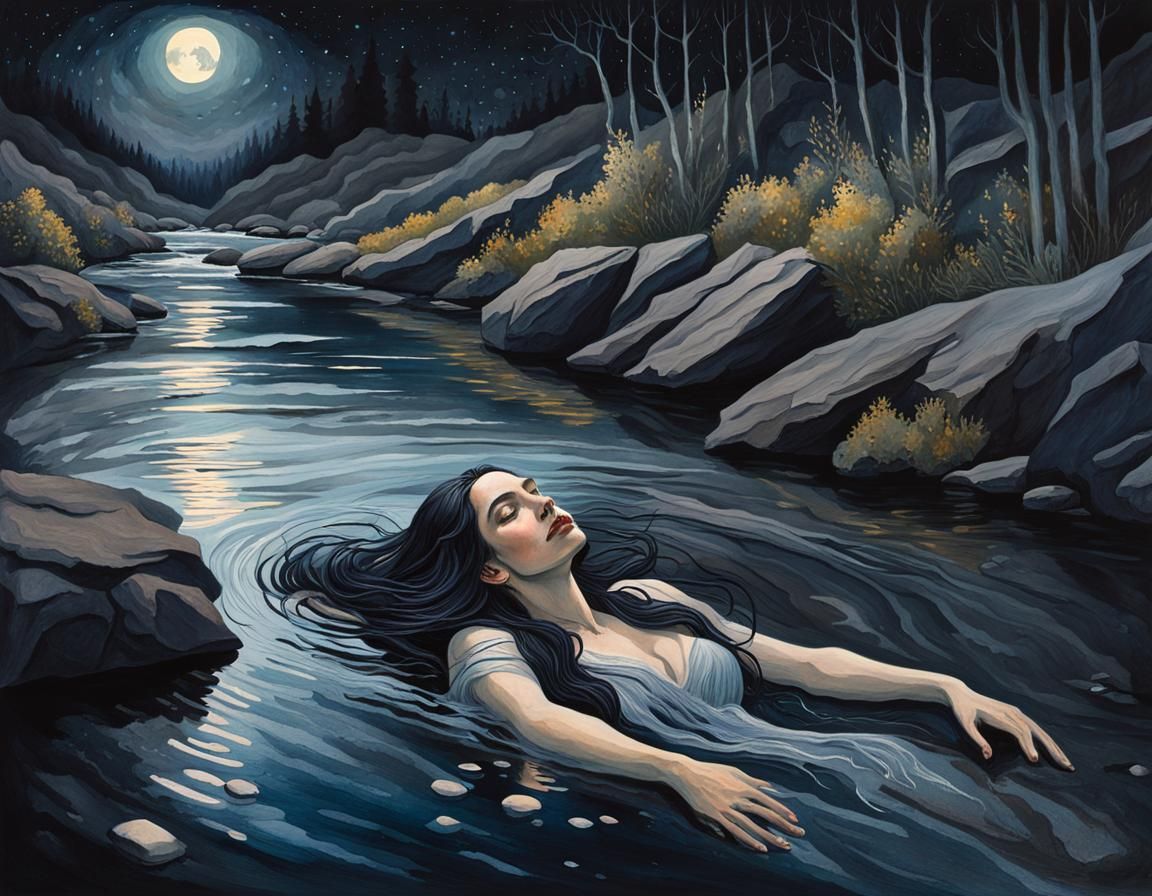 Woman in Mountain Stream, Gouache Watercolor Painting