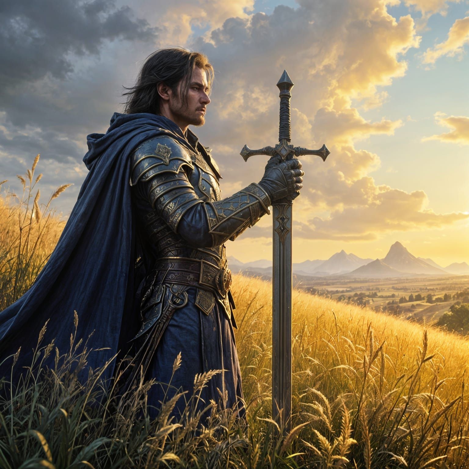 Dark Fantasy Knight Perched in a Sunlit Meadow