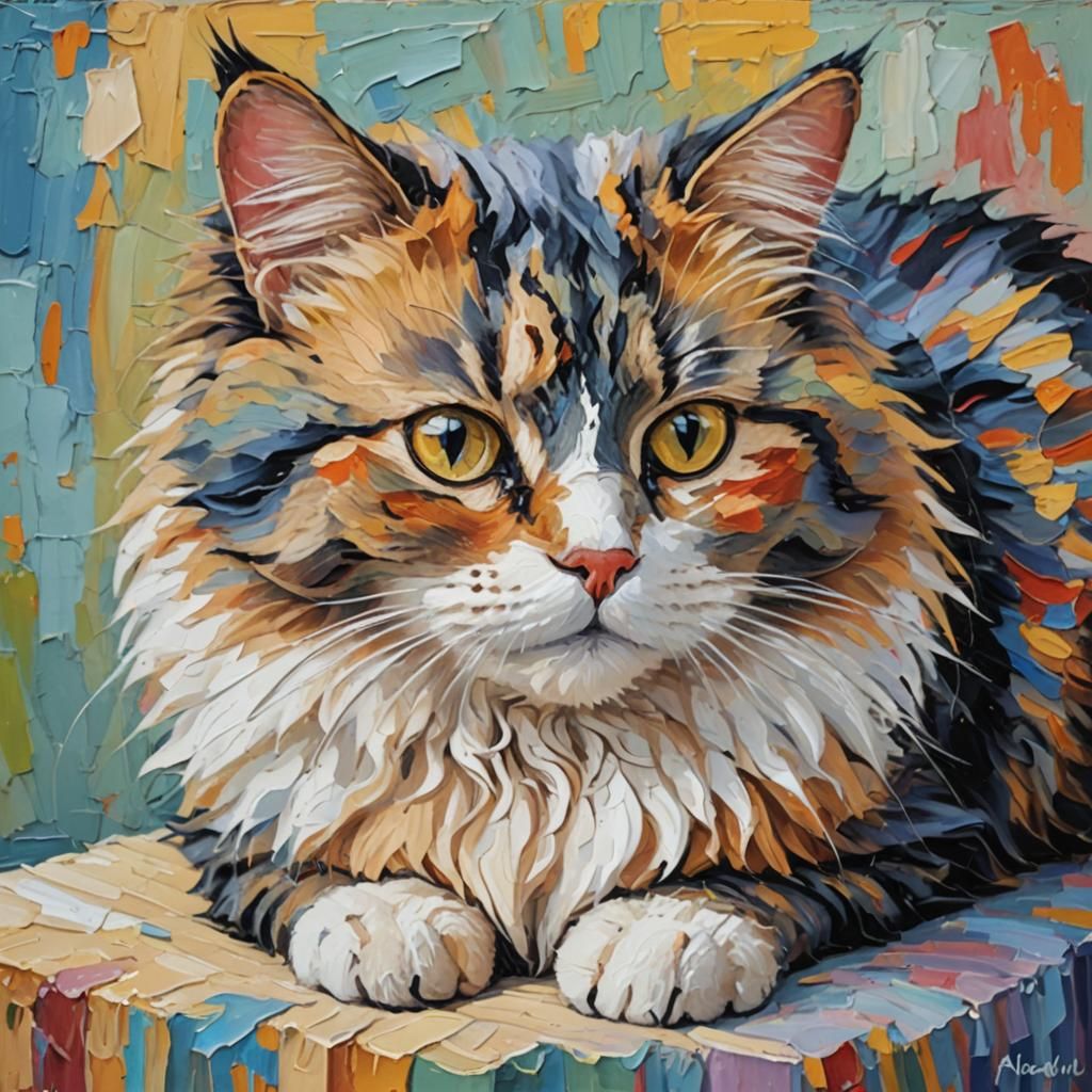 Fluffy Cat Loaf in Expressionist Oil Painting