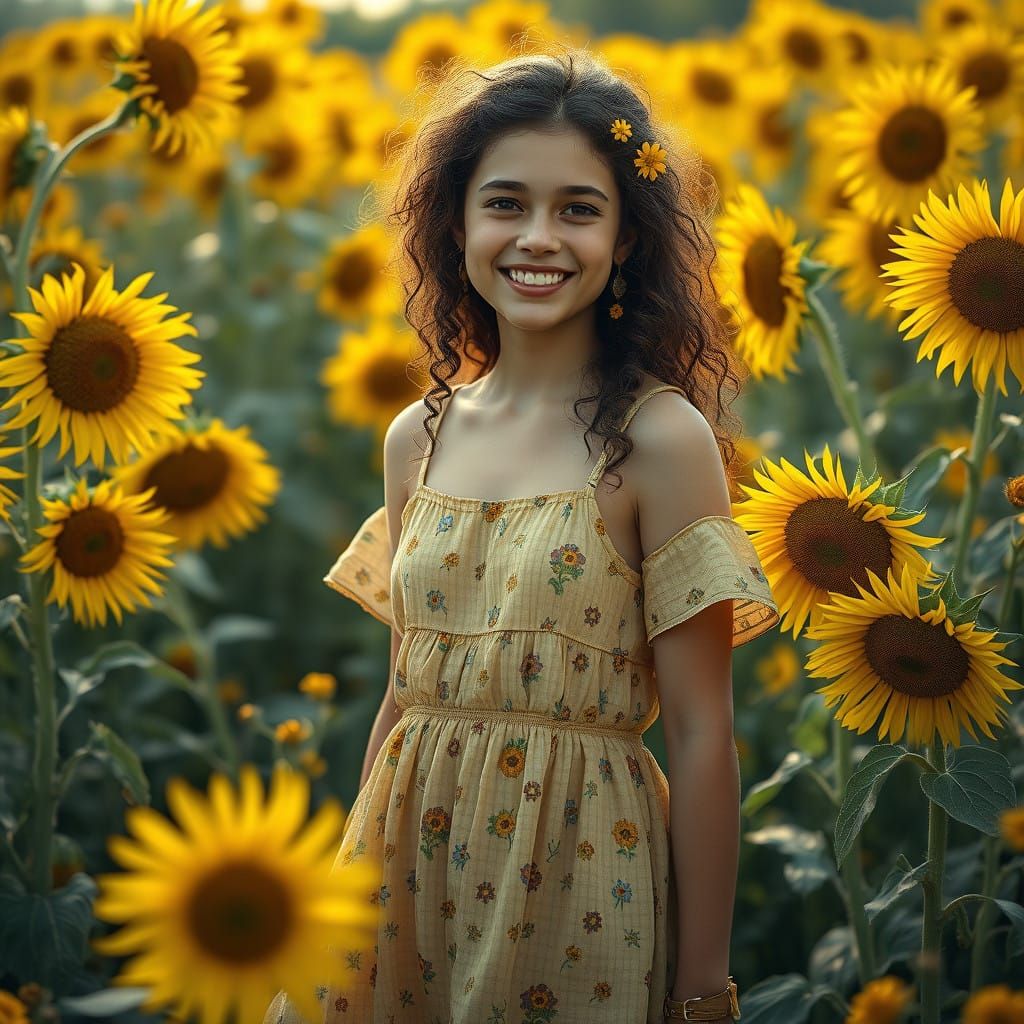 Surreal Country Girl in a Sunflower Paradise