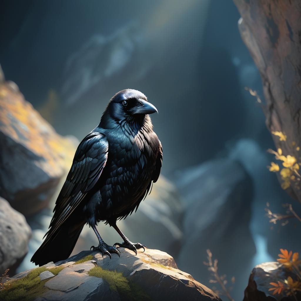 Hyperrealistic Crow Perched on Rock in Rembrandt Lighting