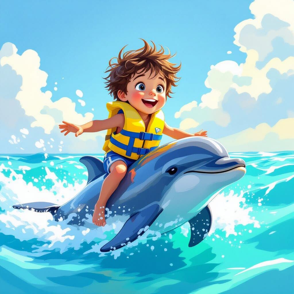 Boy Rides Dolphin in Dreamlike Style