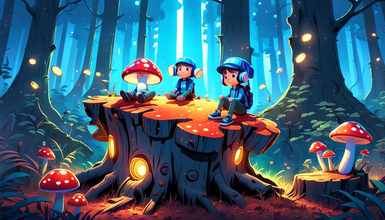 Cartoon Mascot in Surreal Glowing Forest
