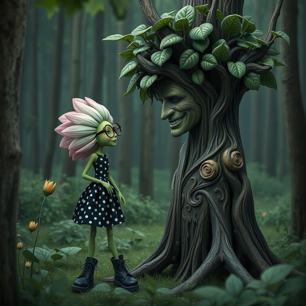 Surreal Flower Girl in Punk-Inspired Forest Scene