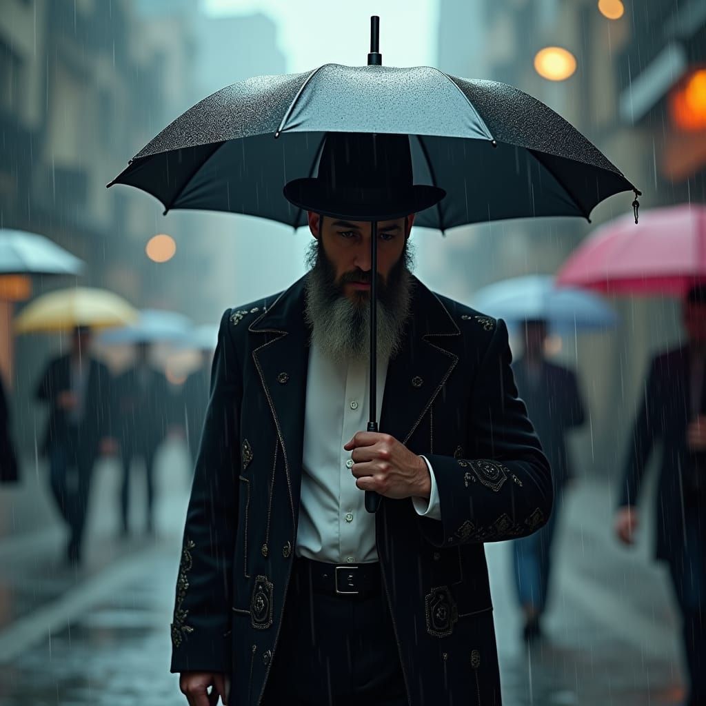 Orthodox Man Walks in Rain: Dreamlike Matte Painting