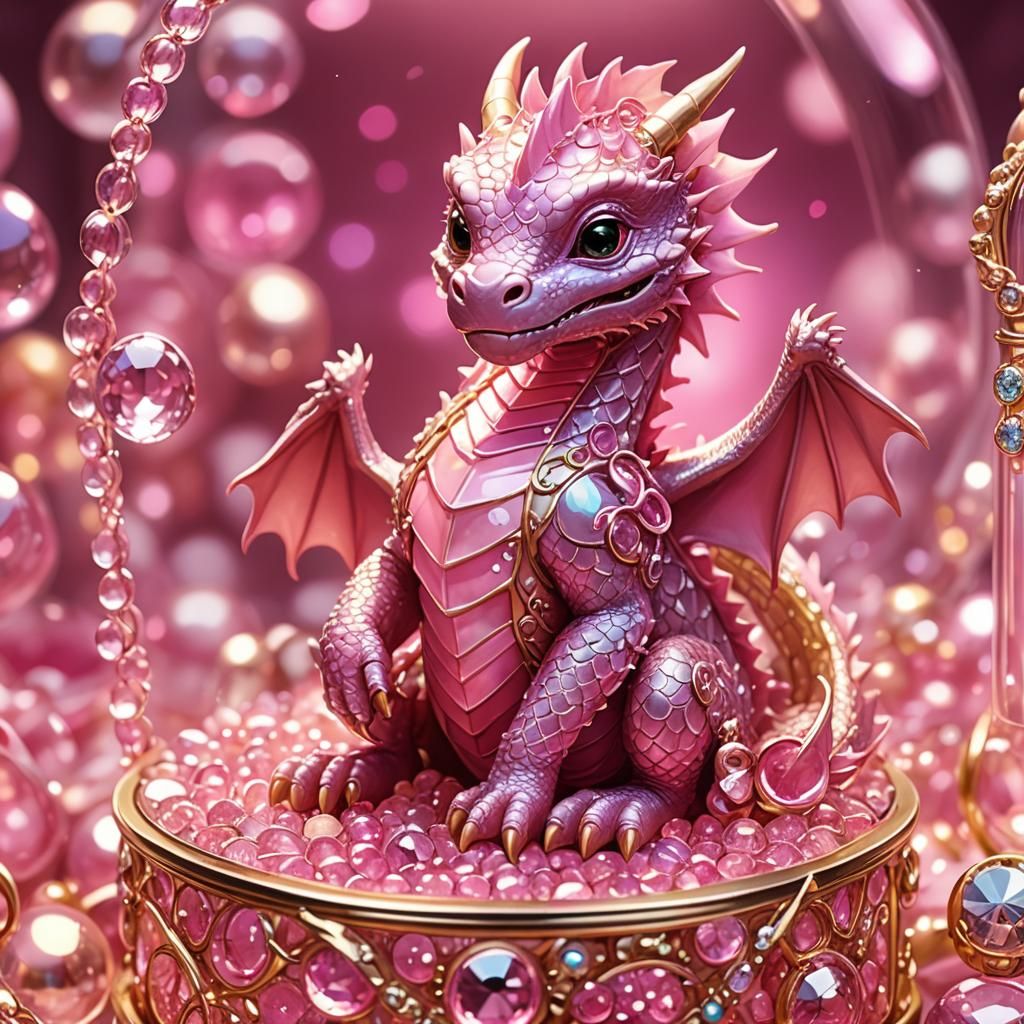 Pink Baby Dragon in Jewelry Box, Pixar-style Art