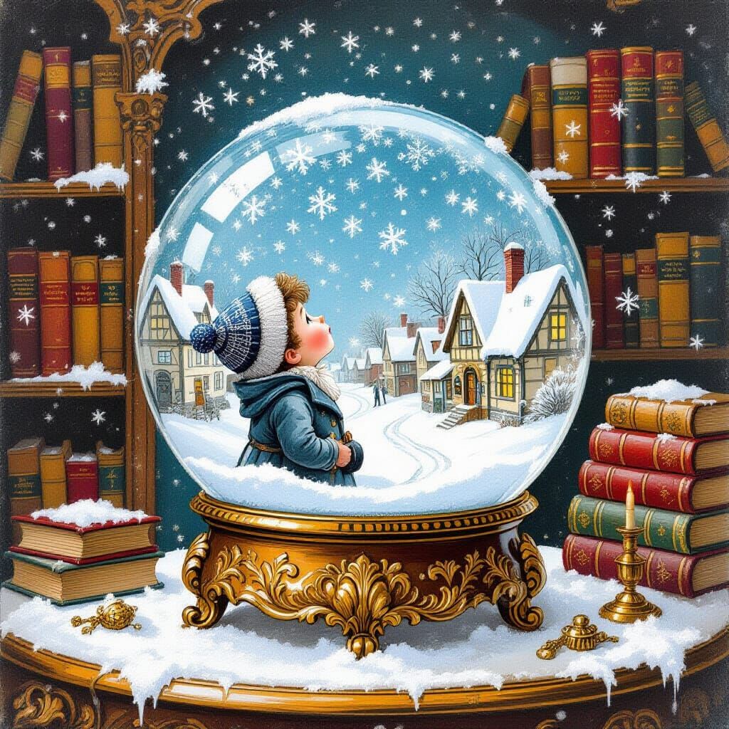 Miniature Boy in Snow Globe, Vintage Illustration